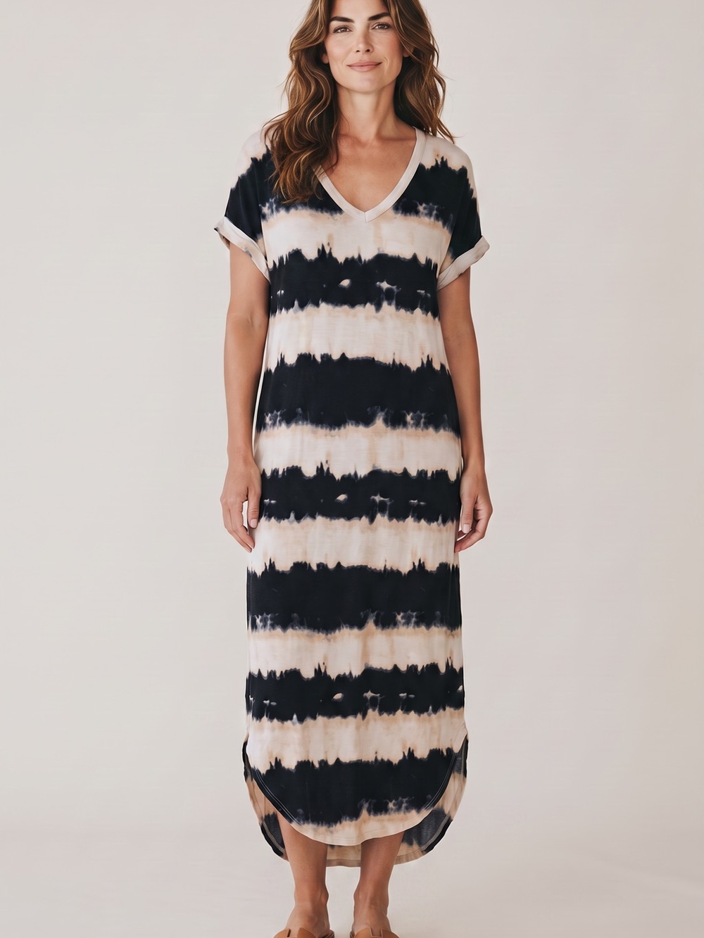 Terra & Sky Black and Cream Tie-Dye V-Neck Maxi Dress